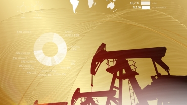 Oil derrick infographic with stages of process oil production. Industrial image with golden style. Vector illustration.