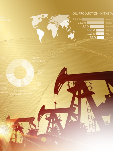 Oil derrick infographic with stages of process oil production. Industrial image with golden style. Vector illustration.