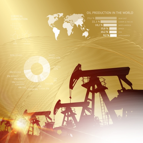 Oil derrick infographic with stages of process oil production. Industrial image with golden style. Vector illustration.
